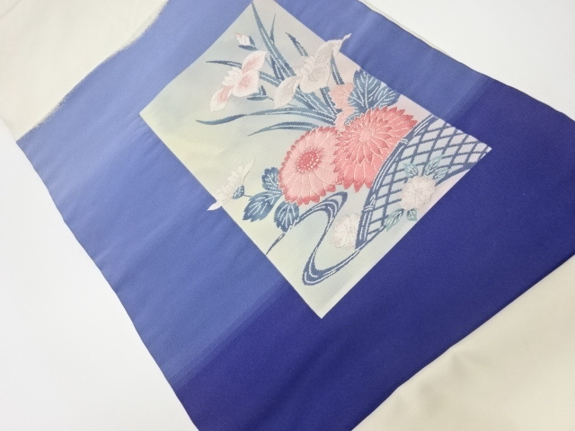 リサイクル　流水に菖蒲・菊・蛇籠模様織出し名古屋帯